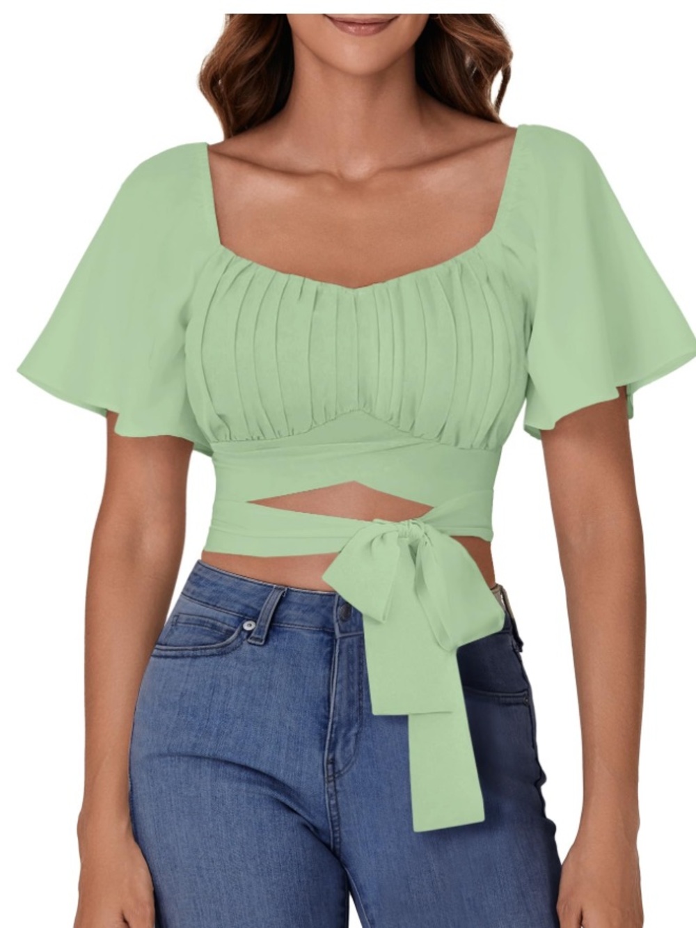 NWT Rooscier Ruched Wrap Ruffle Sleeve Crop Top Mint Green XL